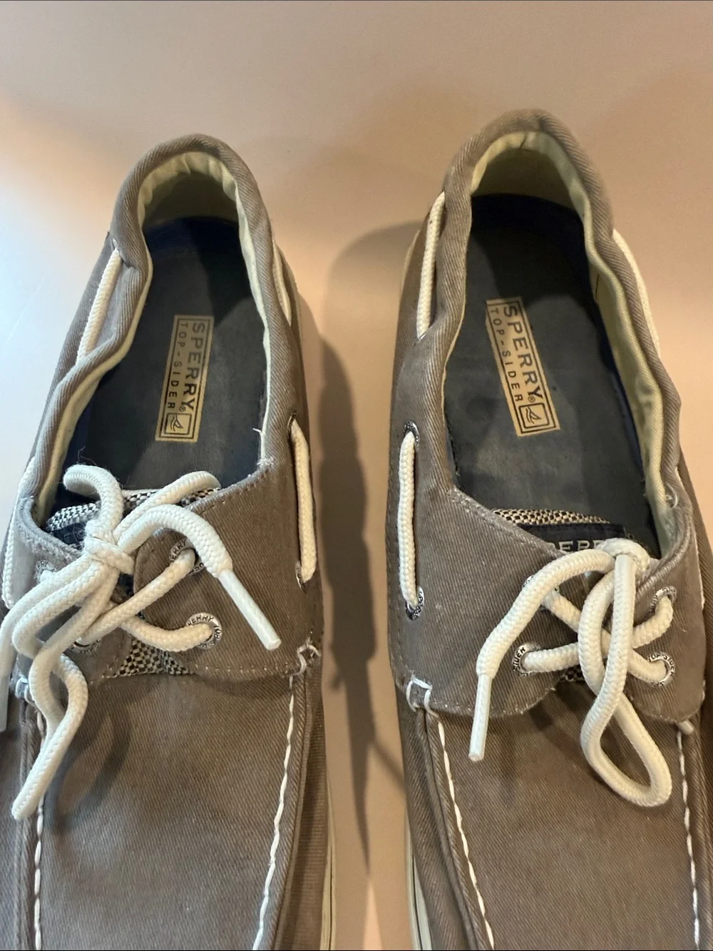 Sperry Taupe Canvas Boat Shoes with White Laces Size 12
